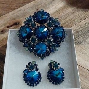 Vtg. Juliana D&E Rivoli Stone and Aurora Borealis Floret Brooch, Earrings
